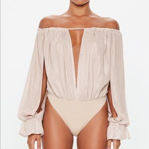 Peace + Love Nude Metallic Bardot Bodysuit Sz. 4
